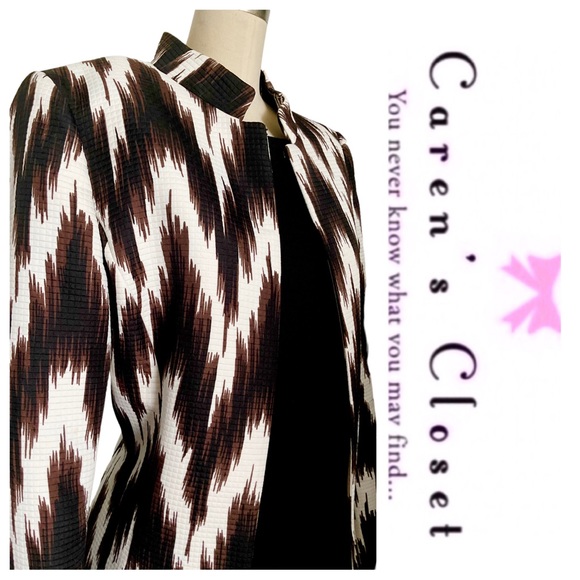 Tahari Chocolate Brown & White Modern Print Long BlazerJacket - Picture 6 of 9